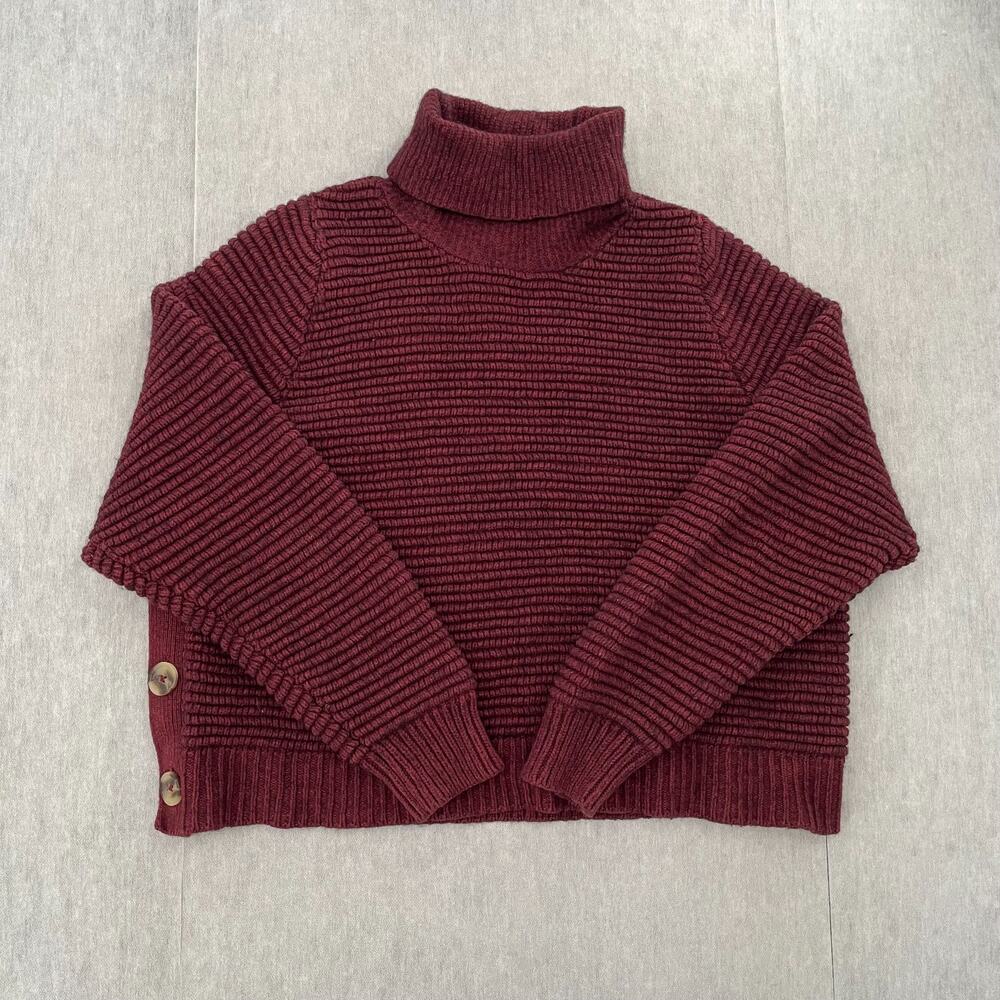 Madewell Sweater Womens XL Red Merino Wool Cotton Ribbed Turtleneck Button Side